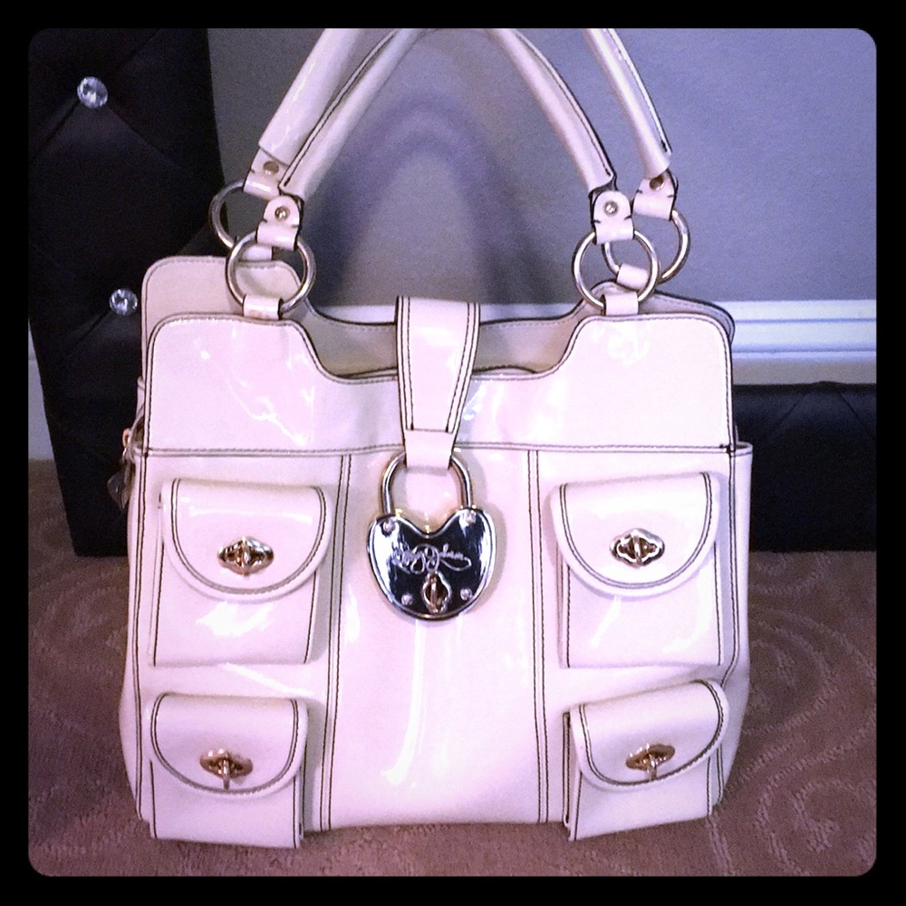 Betsey Johnson Patent Cream Gold Heart Lock Purse